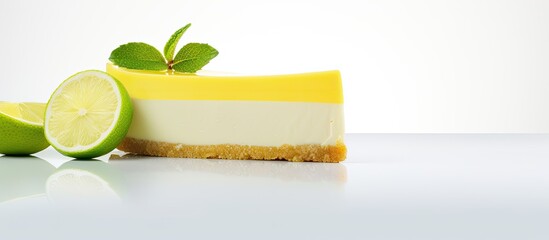 A slice of gin and tonic lemon cheesecake placed on a white background with plenty of empty space around it for other elements in the image. Creative banner. Copyspace image