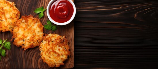 Top view of hash brown potato patties with ketchup on a wooden board The wooden background complements the copy space image
