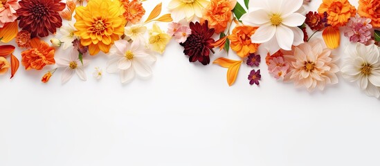 The white background provides a captivating copy space image where warm colored flowers form an elegant frame