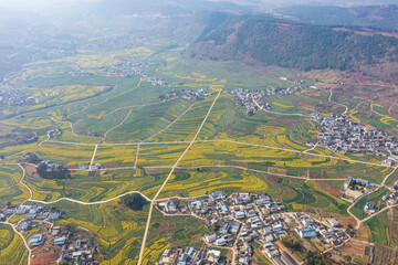 Aerial photography of the pastoral scenery of rapeseed flowers in Bingma Township, Yunnan