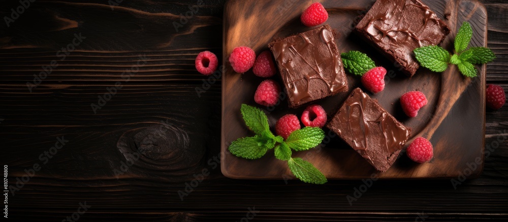 Poster A close up top view of square homemade brownies with a dark chocolate spread paste topped with raspberry and mint leaves These cocoa based sweets on a wooden table are a high calorie pastry and could