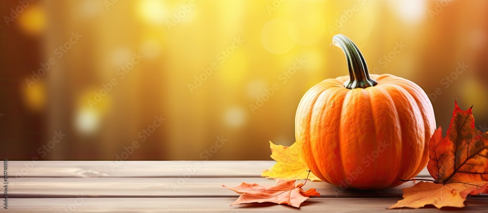 Aufkleber autumn themed pumpkin with maple leaves placed on a wooden table creating a captivating background f