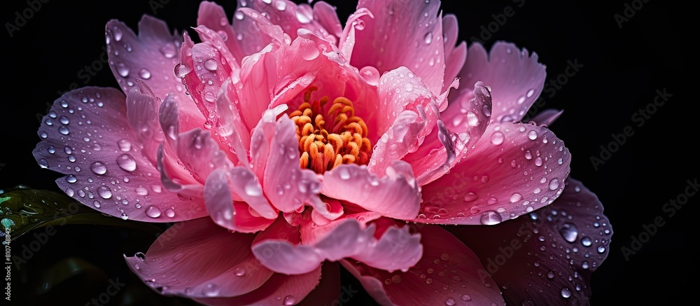 Aufkleber a close up image of a pink peony flower with sparkling water droplets the flower is showcased on a f