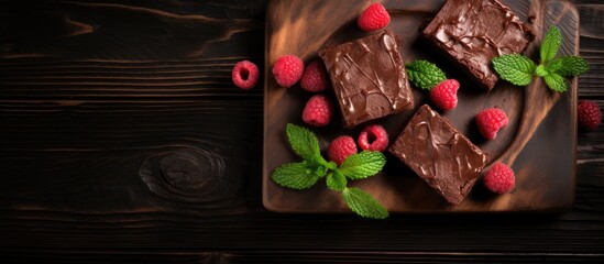 A close up top view of square homemade brownies with a dark chocolate spread paste topped with raspberry and mint leaves These cocoa based sweets on a wooden table are a high calorie pastry and could