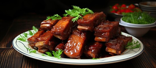 Image of boiled spareribs on a dish with plenty of space for cooking. Creative banner. Copyspace image