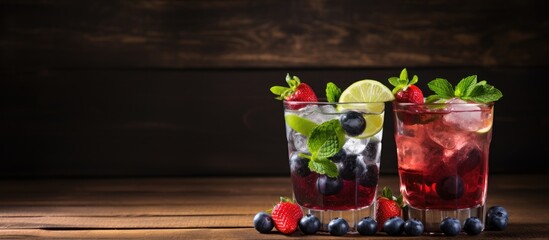 A copy space image featuring a picturesque arrangement of blueberry and strawberry mojitos on a rustic dark brown wooden backdrop adorned with ice cubes lime slices and berries The refreshing alcohol