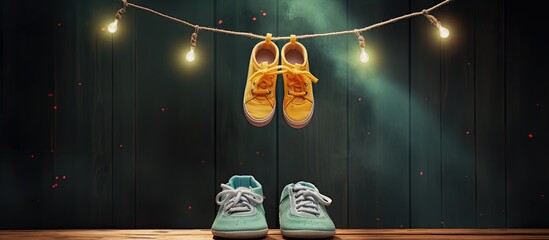 Copy space image with baby shoes and a photo hanging on a wooden clothesline backdrop