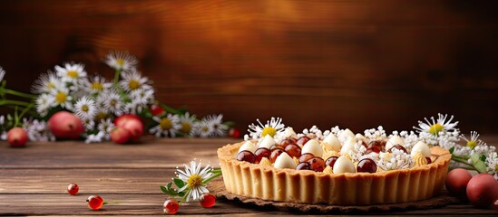 Easter tart decorated with eggs peppercorns and flowers on a rustic wooden background for a visually pleasing copy space image