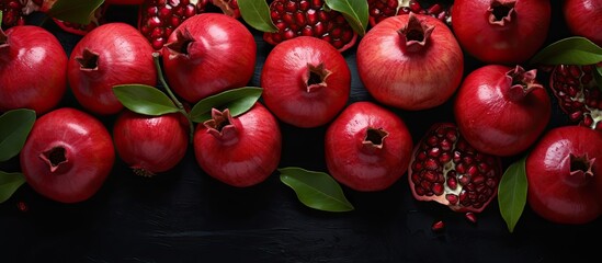 Top view of ripe pomegranates with juicy red seeds on a black background creating the perfect copy space image