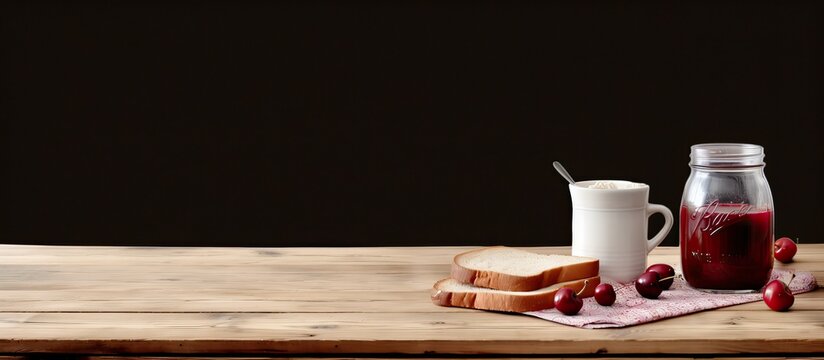 A breakfast scene with a slice of bread spread with cherry jam placed on an old wooden table next to a milk bottle Copy space image 106 characters