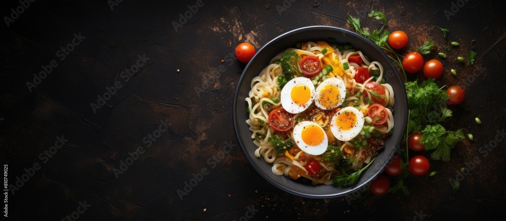Poster A top down view of a bowl filled with noodles vegetables and eggs placed on a dark background leaving enough space for additional text or images
