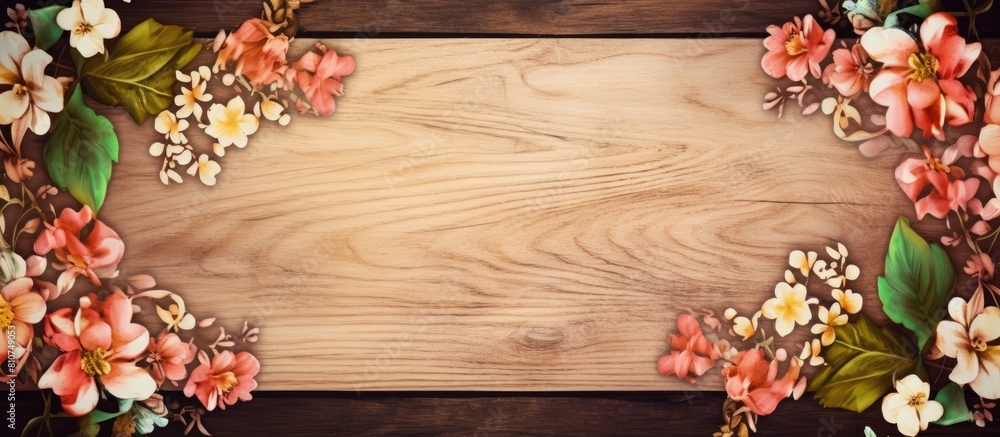 Poster wooden background with a floral frame and a card providing ample copy space for images