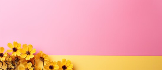 A copy space image with yellow flowers set against a pink paper background