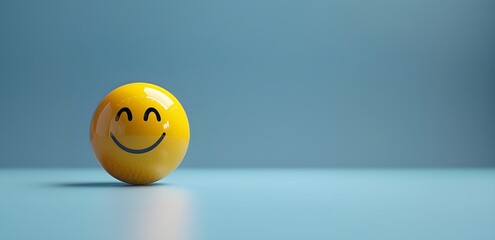 A photo of a yellow smiley face ball on a light blue background, symbolizing happiness and positivity, emoji happy face, creative, emotion, feeling, mental health background, copy space for text