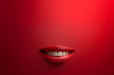 a smiling face on a solid red color background, copy space for text, mental health, woman beauty, oral health, mouth, red lips, white teeth background


