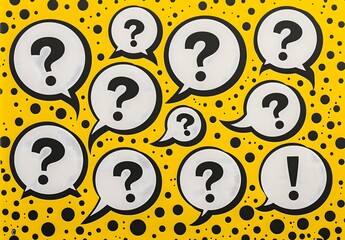 White speech bubbles with black question marks on a yellow background, pop art background, decorative background, creative background, graphic design