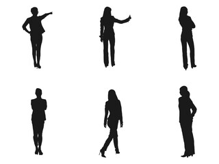 Business woman standing back silhouette. Set of different People Standing and walking. Vector silhouettes of men and a women, a group of standing business people,  isolated on white background.