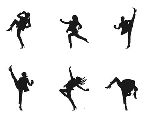 Happy business woman dancing silhouette. Flat vector illustrations. Happy people silhouette set. woman rising Hands up. Dancing persons. Party, success, celebration. isolated on white background.