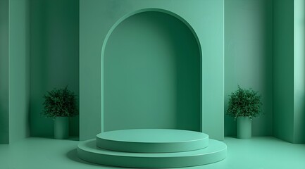3d render of simple minimal green background with empty round podium for product presentation, empty space in the center, mockup background