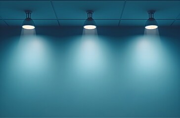 A blank blue background with ceiling spotlights on top, copy space for text, showcasing products or featuring creative designs, creative highlight background