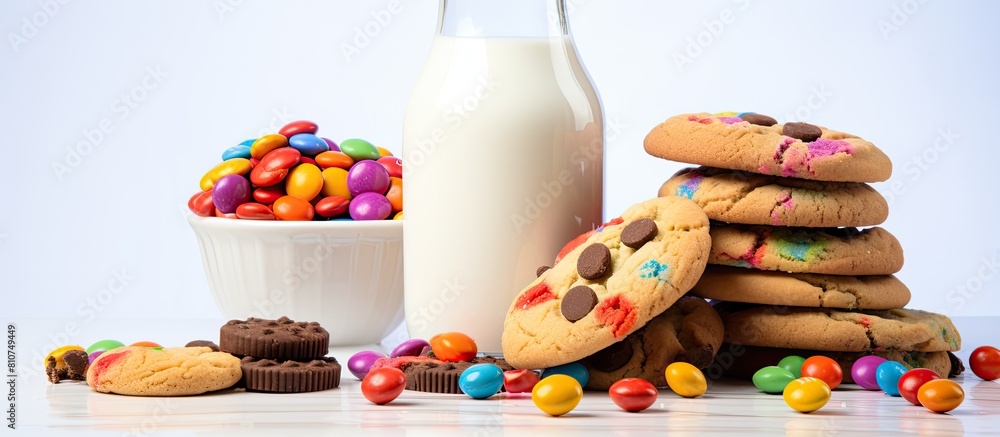 Aufkleber a variety of multicolored cookies adorn a white background accompanied by chocolate chips and vibran
