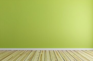 Photo of a plain lime green wall with a light wooden floor, minimalist style, product mockup, copy space for text, blank green wall, picture frame
