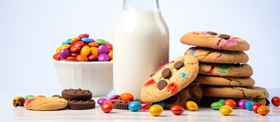 A variety of multicolored cookies adorn a white background accompanied by chocolate chips and vibrant candies A bottle of milk rests nearby There is ample copy space for text making it suitable for h