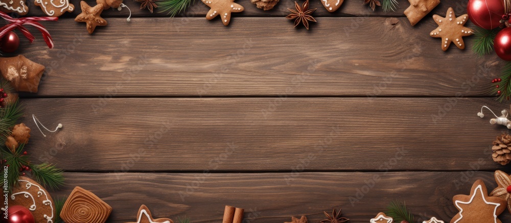 Aufkleber A festive backdrop of wooden texture sets the stage for delightful Christmas cookies and a paper adorned with a letter all with plenty of space for customization. Creative banner. Copyspace image