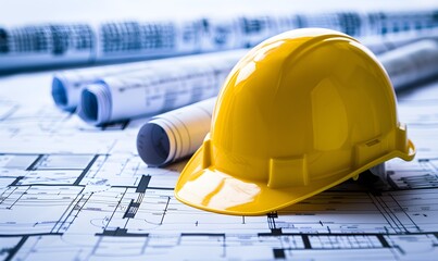
architecture blueprints with yellow helmet on top of it