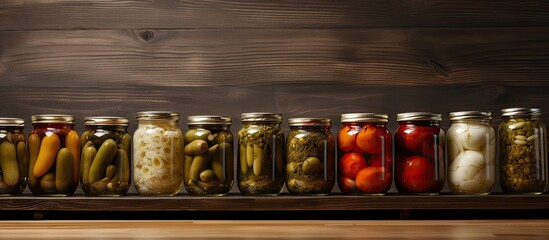 On a wooden table there is a copy space image of jars containing salted pickles and cherry tomatoes