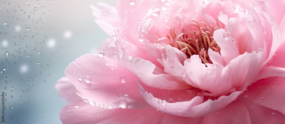 Aufkleber a close up image of a pink peony flower with sparkling water droplets the flower is showcased on a f