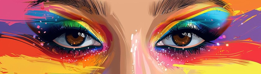 Illustrate a flat design front view parade makeup with a Pride flag theme