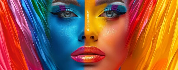 Fototapeta premium Create a flat design front view parade makeup incorporating the vibrant colors of the Pride flag