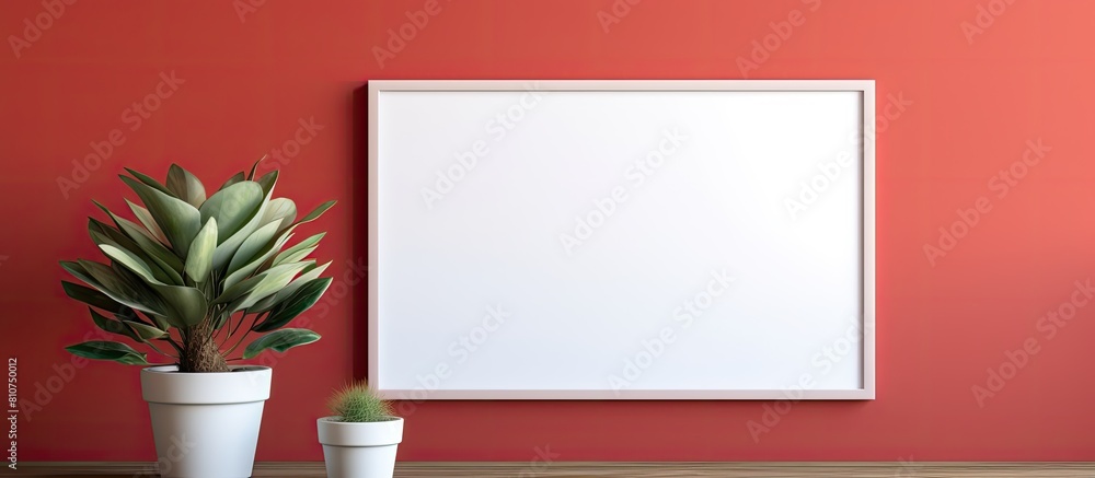 Poster a vibrant red and white frame poster featuring a beautifully potted plant placed on a table leaving 