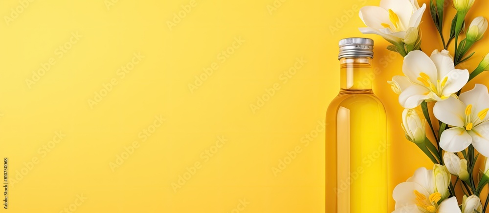 Aufkleber flat lay of a bottle of baby oil and blooming freesia on a yellow background with enough space for t