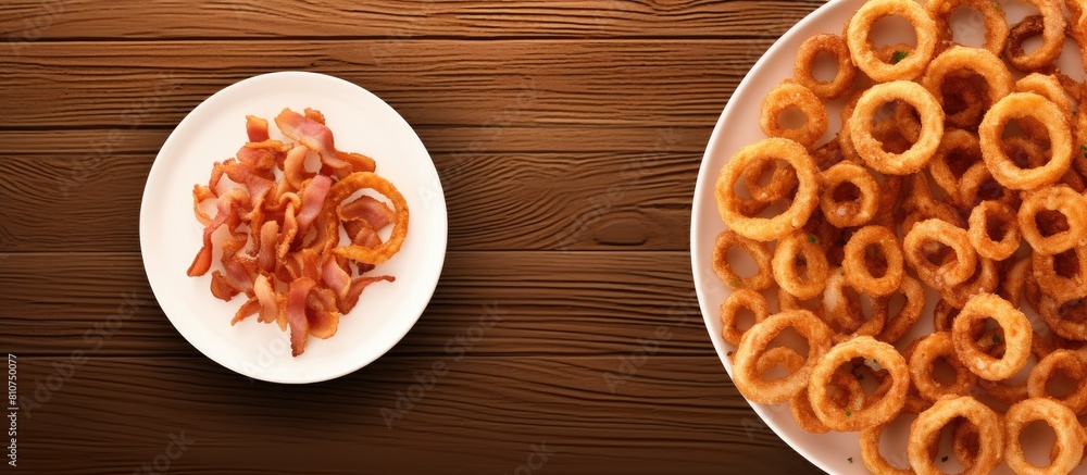 Poster Top view of bacon wrapped onion rings arranged in a white bowl on a brown background with plenty of empty space for other elements in the image. Creative banner. Copyspace image
