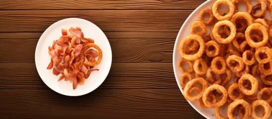 Top view of bacon wrapped onion rings arranged in a white bowl on a brown background with plenty of empty space for other elements in the image. Creative banner. Copyspace image