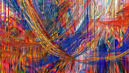 A captivating and energetic abstract digital artwork showcasing a chaotic yet harmonious blend of vivid colors, bold brushstrokes, and intricate linear patterns .