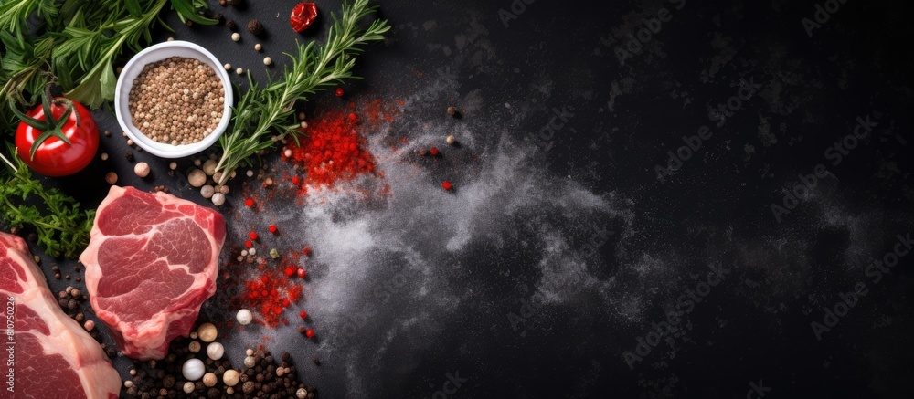 Poster the ingredients for cooking include fresh raw pork meat seasoned with salt pepper and arugula displa
