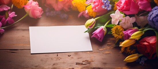 Obraz premium A beautiful copy space image featuring a sheet of paper and a postcard scattered among a vibrant arrangement of flowers on a table