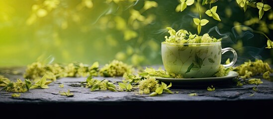 A refreshing cup of tea made from lime tree leaves and linden flowers perfect for relaxation and unwinding. Creative banner. Copyspace image