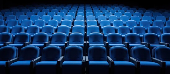 Rows of blue seats in a cinema hall providing seating for spectators Copy space image