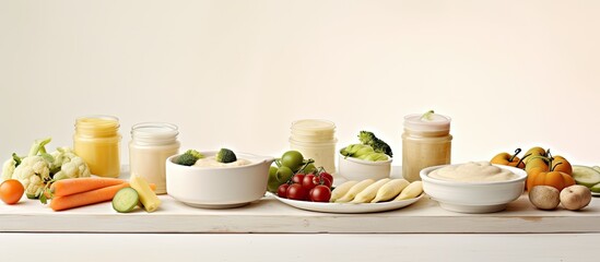 A white wooden table serves as the backdrop for a composition of fresh and nutritious baby food complete with various ingredients and accessories The image offers ample space for adding captions or t