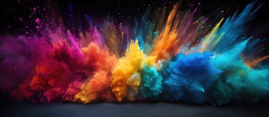 A vibrant abstract explosion of multicolored powder particles creating a mesmerizing background with a freeze frame effect The image captures the dynamic motion of exploding color powder creating a s