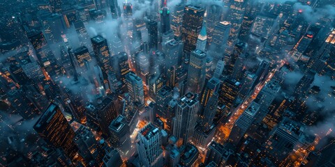 Aerial view of dense urban cityscape at night