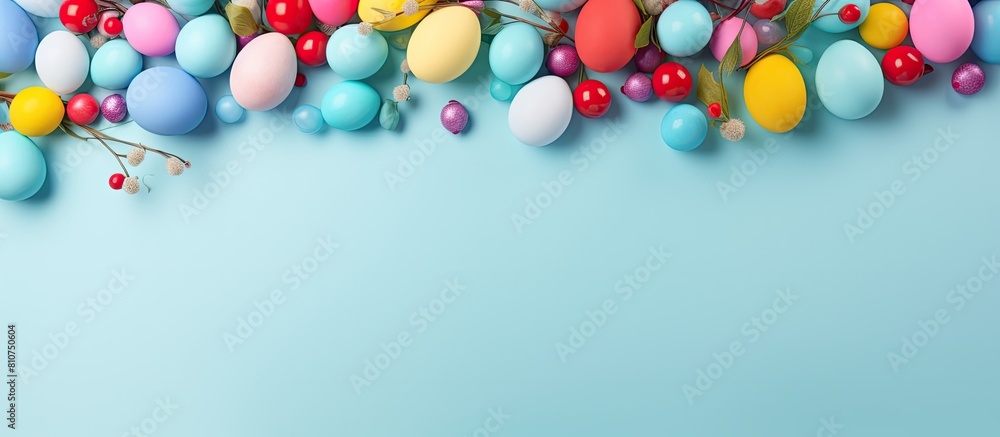 Poster Creative Easter arrangement with a pile of colorful eggs on a bright pastel blue background creating a spring holidays aesthetic in this flat lay copy space image