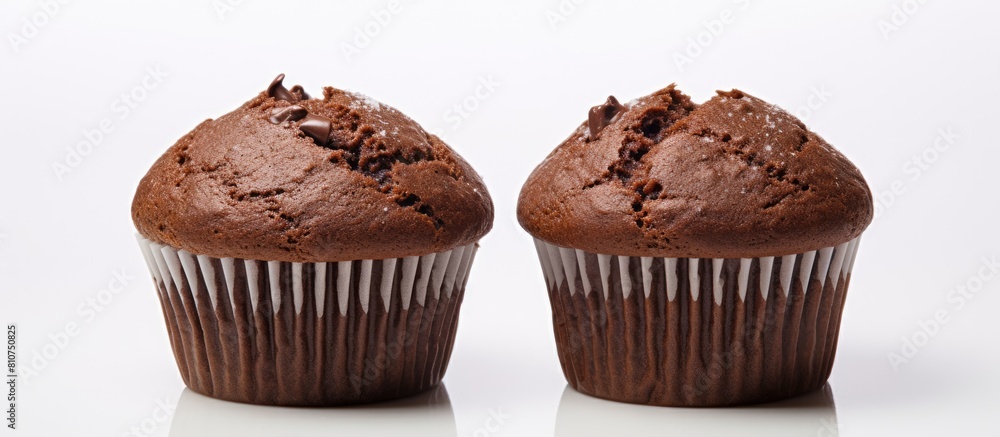 Poster There are two chocolate muffins placed on a plain white surface The image is focused closely and there is empty space available for adding text. Creative banner. Copyspace image