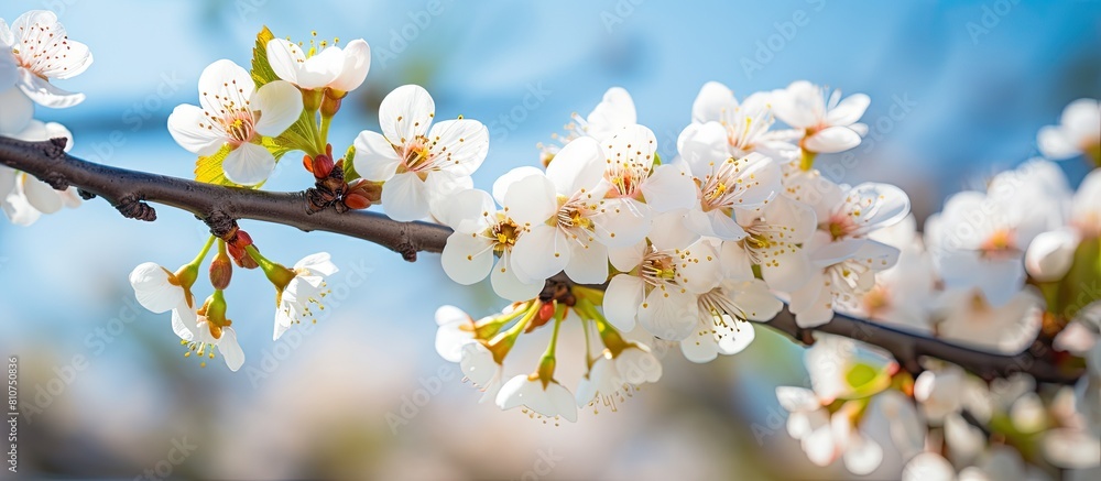 Poster macro image of a springtime apricot tree in full blossom showcasing its beautiful white flowers the 