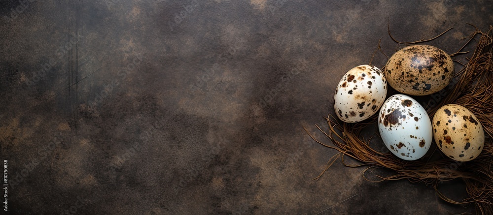 Aufkleber A top down view of quail eggs both intact and cracked placed on a rustic brown stone table The image includes a shadow and empty space for additional content Perfect for a banner or flat lay presenta