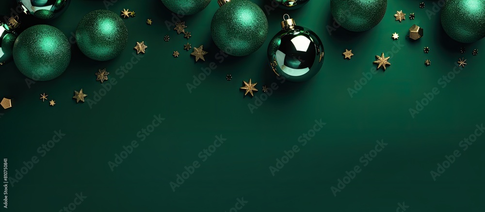 Poster a festive christmas background with shiny balls on a green backdrop perfect for flat lay and top vie